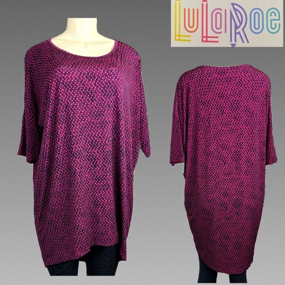 LuLaRoe Irma Tunic Top Half Sleeve Magenta Purple Geometric Print High Low Hem M